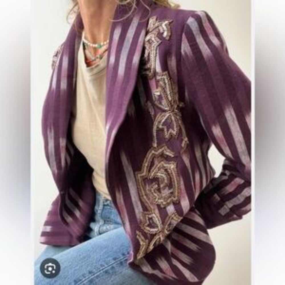 Soft Surroundings Blazer Topkapi Beaded Ikat Jacket Purple Cotton NWT S